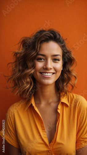 Portrait of beautiful young happy smiling woman in a orange background