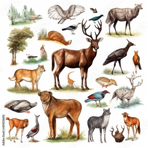 Animals. Illustration of wild animals and wildlife. Each animal is from nature. Element for Advertisement, postcard, poster, and more. Isolated on white