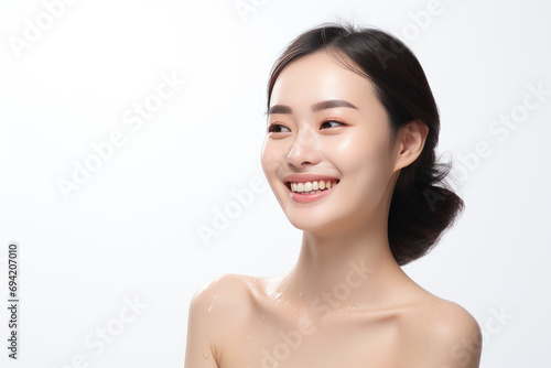 beautiful smiling Asian model with perfect skin and water drops on her skin, isolated on white background