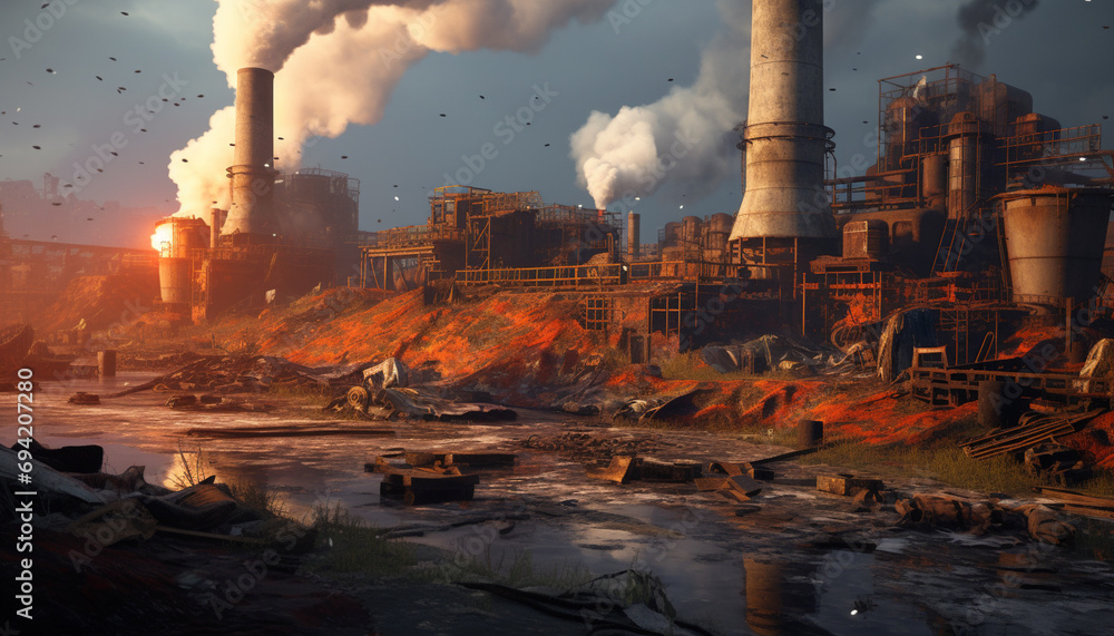 A dire scene unfolds with nuclear power plants and a garbage-filled city near the river, inflicting destruction on nature. To exacerbate matters, the grim reality of burning waste intensifies A dire scene unfolds with nuclear power plants and a garbage-filled city near the river, inflicting destruction on nature. To exacerbate matters, the grim reality of burning waste intensifies