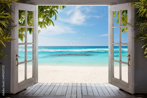 window view to outside nature landscape sunset and water with blue sky and cloud