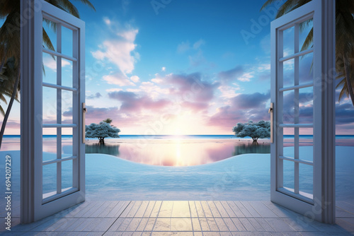 window view to outside nature landscape sunset and water with blue sky and cloud