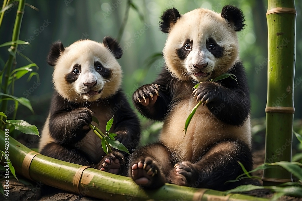 Obraz premium Panda Cubs Bear Bamboo Forest Playful Animal