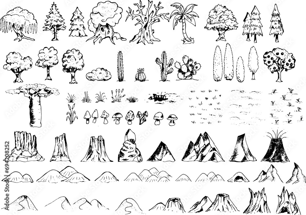 Obraz premium Fantasy map elements hand drawn vector design - of nature cartography symbols - trees, plants, mountains