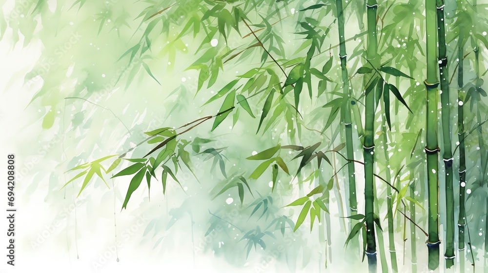 Fototapeta premium watercolor painting of tall bamboo swaying in the breeze during a gentle rain shower