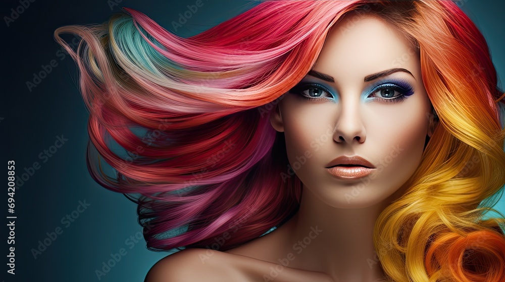 Obraz premium Portrait of a young beautiful woman with bright and colorful hairstyle, showing individuality and creativity. Generative AI