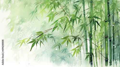 watercolor painting of tall bamboo swaying in the breeze during a gentle rain shower