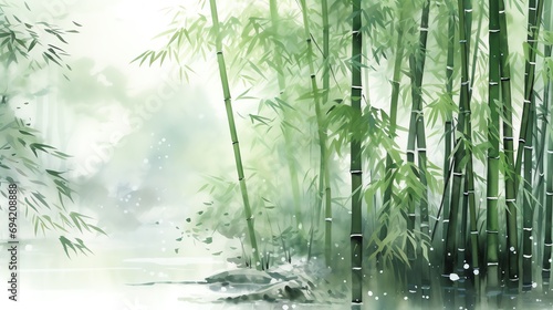 Slika na platnu watercolor painting of tall bamboo swaying in the breeze during a gentle rain sh