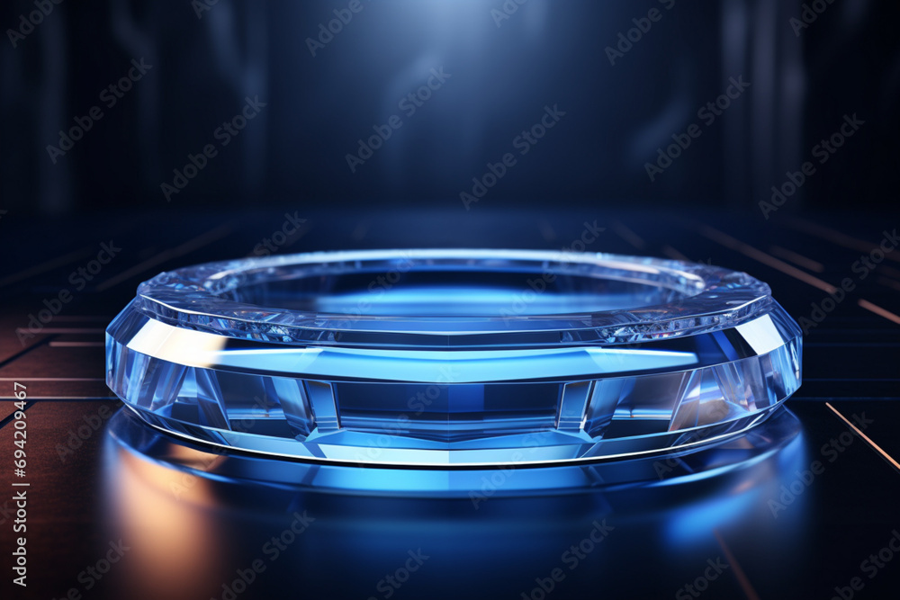 podium or plate glass of water neon light blue glowing bowl on blue background