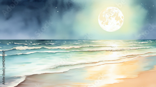 watercolor painting of a serene beach scene under the soft glow of moonlight