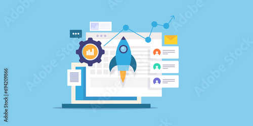 Digital startup concept, internet business structure and online marketing success strategy. Rocket boost sales revenue. Vector illustration web banner.