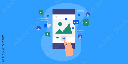 User browsing social media application on mobile device, view, like, follow social interaction on smartphone screen, vector illustration web banner.