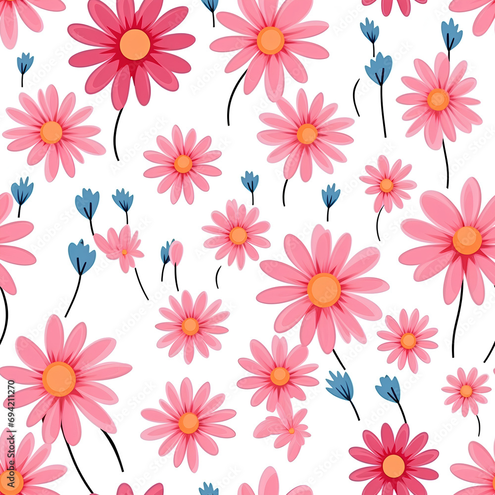 Minimalist pattern of bright pink daisies on a white background for Valentine's Day background.