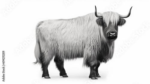Black and white yak (Bos grunniens or Bos mutus) isolated on white background. Generative AI photo