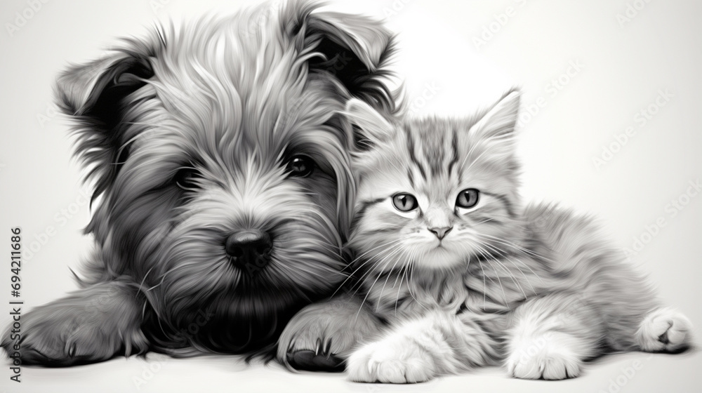 Best friends - kitten and small fluffy dog looking sideways - copy space. Generative AI Best friends - kitten and small fluffy dog looking sideways - copy space. Generative AI
