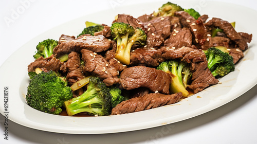 Beef and broccoli stir fry with rice on dark background. Top view, flat lay. Generative AI
