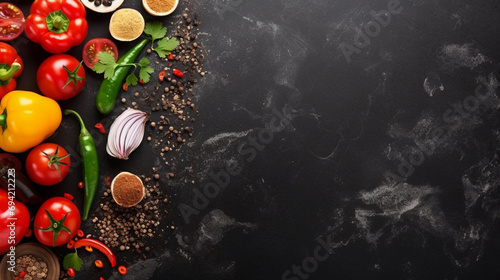 Black stone cooking background. Spices and vegetables. Top view. copyspace. Generative AI