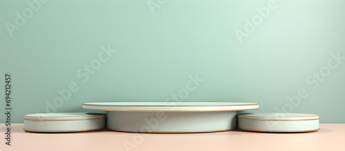 3d render of a podium in a room with orange walls Minimal mock up of a podium with pastel frames on a background Used for showcasing products promotion 3d Pastel podium for your product.AI Generative photo
