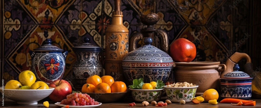 Imagine an Armenian kitchen with rich textures, ornate ceramics, and warm color palettes, celebrating the cultural richness of Armenia.