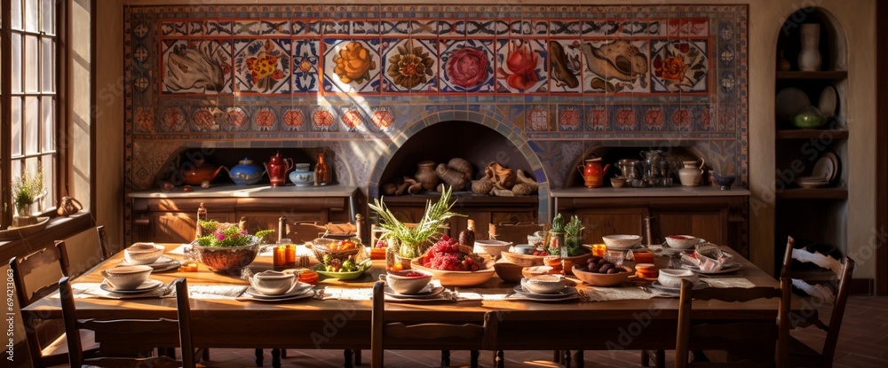 Imagine an Armenian kitchen with rich textures, ornate ceramics, and warm color palettes, celebrating the cultural richness of Armenia.