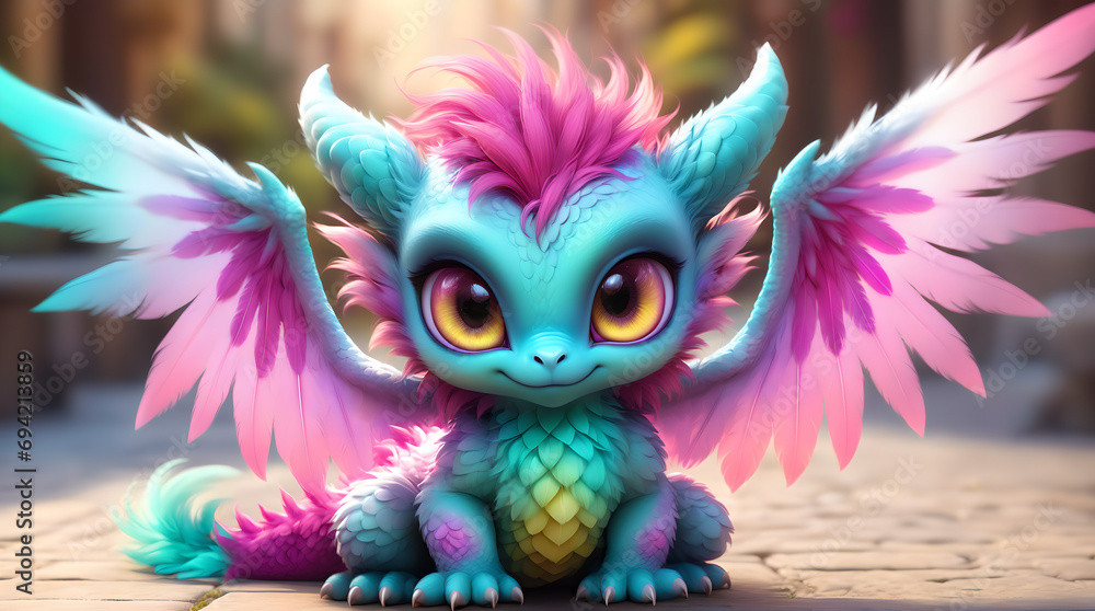 blue pink cartoon baby dragon