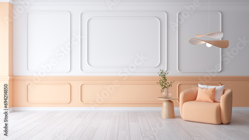 Peach fuzz room ,minimal interior  livingroom. peach armchair with peach color paint wall. color of the year 2024  . Mockup background. 3d render photo