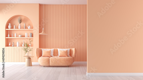 Peach fuzz room ,minimal interior  livingroom. peach Sofa with peach color paint wall. color of the year 2024  . Mockup background. 3d render