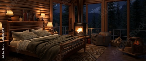 Imagine a Canadian bedroom scene with log cabin-inspired decor  warm lighting  and a connection to the great outdoors.