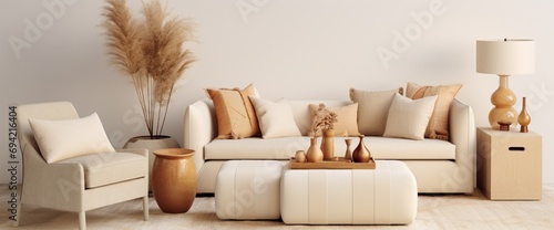 Imagine a cozy living room retreat with a beige sofa  boucle rug  leaf in a vase  and pouf  surrounded by elegant accessories against a minimalist beige wall a   a template for stylish home decor.