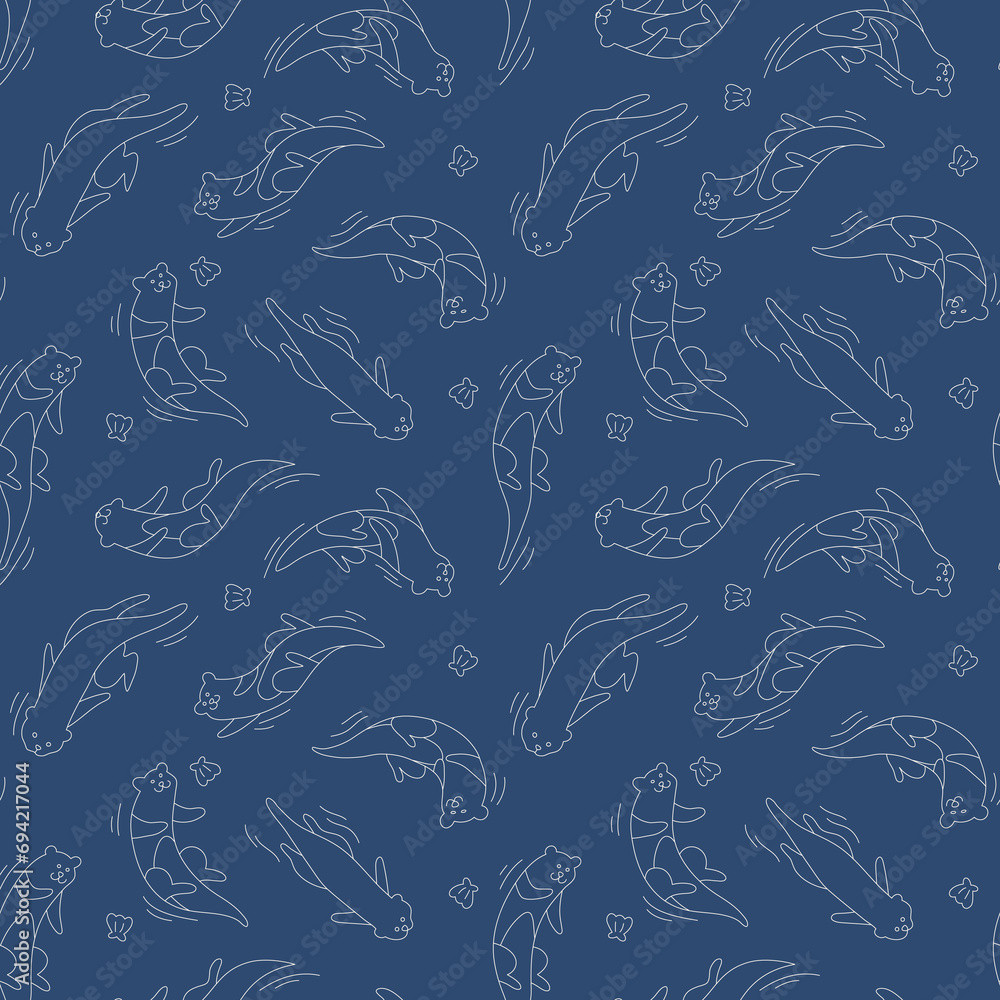Fototapeta premium Vector Cute Otter Swimming with Clam Seamless Pattern Outline Background Wallpaper Blue And White