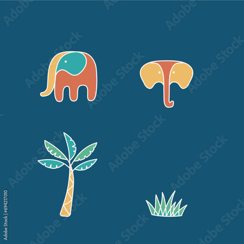 Vector Cute Tropical Elephant Tree Grass Set Element Graphic Simple photo