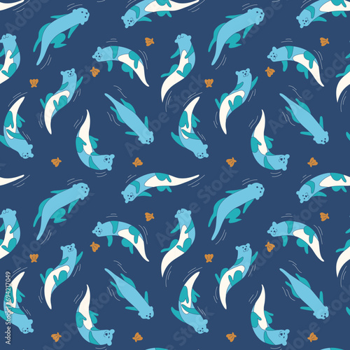 Vector Cute Otter Swimming with Clam Seamless Pattern Background Wallpaper Blue Yellow Tosca color