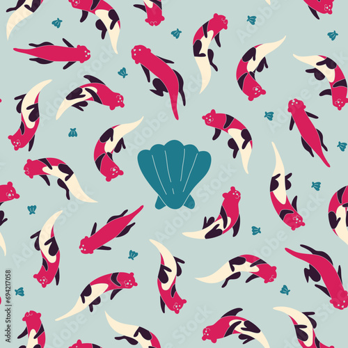 Vector Cute Otter Swimming with Clam Seamless Pattern Background Wallpaper Red Blue Tosca Color