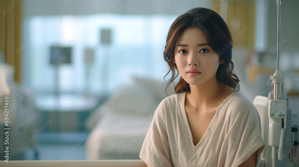 病院のベッドで見つめる女性