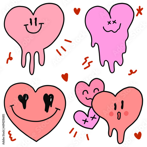Set of melting heart. Pink color sticker png files. Vector illustration