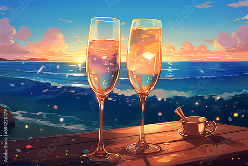 two glasses of champagne on the beach