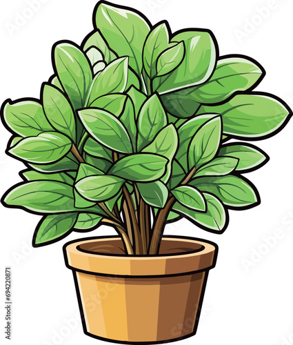 Potted plant with lush green leaves on a white background, accompanied by a brown pot for a natural elegance. Ideal for a fresh and vibrant design.