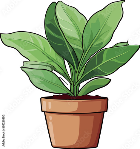 Adorable cartoon plant with vibrant green leaf and charming brown pot  perfect for illustrations  graphic designs  and space decoration