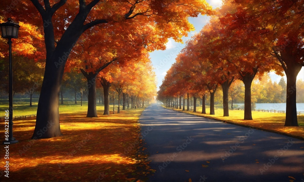 autumn park with trees and road photorealistic