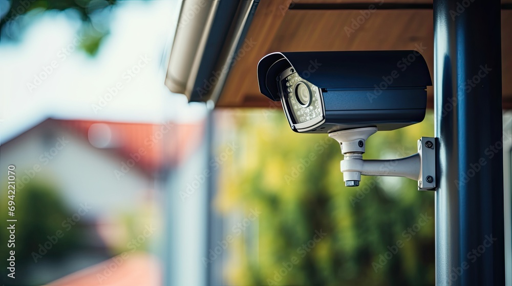 CCTV security camera close-up for home security and surveillance, video camera guards the house. Generative Ai CCTV security camera close-up for home security and surveillance, video camera guards the house. Generative Ai