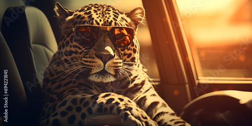A jaguar sits  car with  leopard sitting in the driver's seat of a car Beautiful Amur Leopard in snowy forest at sunset. Wildlife scene from nature.AI Generative photo