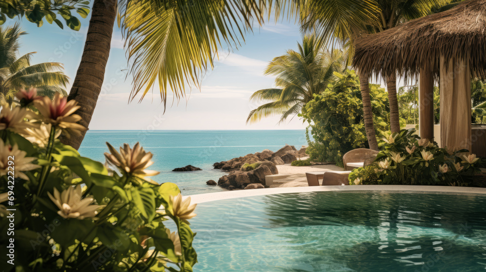 Luxury swimming pool with tropical setting with lush greenery and crystal-clear waters