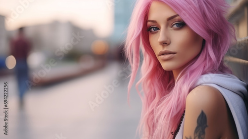 Portrait of a young influencer woman with tattoos and pink hair in summer outfit in modern city street photo