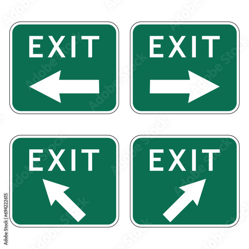 exit direction with arrow in green, exit sign vector set