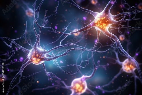Illustration of amyloid plaques on Alzheimer nerve cell. Generative AI photo