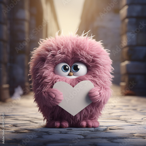 A cute, fluffy, pink animated character holding a heart-shaped card in an alley, perfect for Valentine's Day designs.