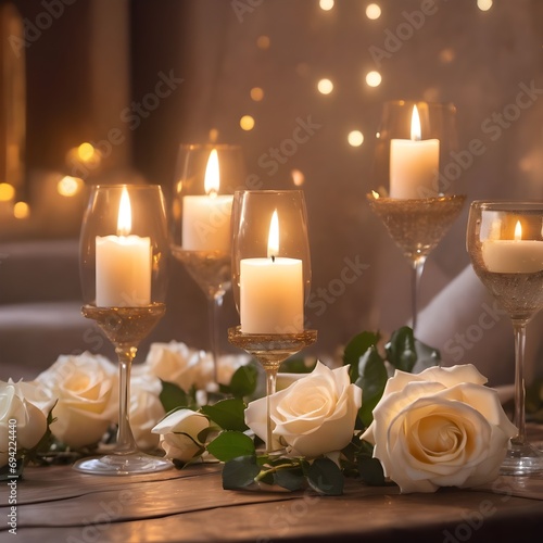 Romantic Evening: Bubbly Glasses, Candlelit Ambiance, and White Roses at a Valentine's Day Dinner