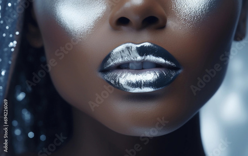Silver metallic shine lip gloss. Black woman lips with siver shiny lipstick, close up. Lips makeup. Lipstick advertising