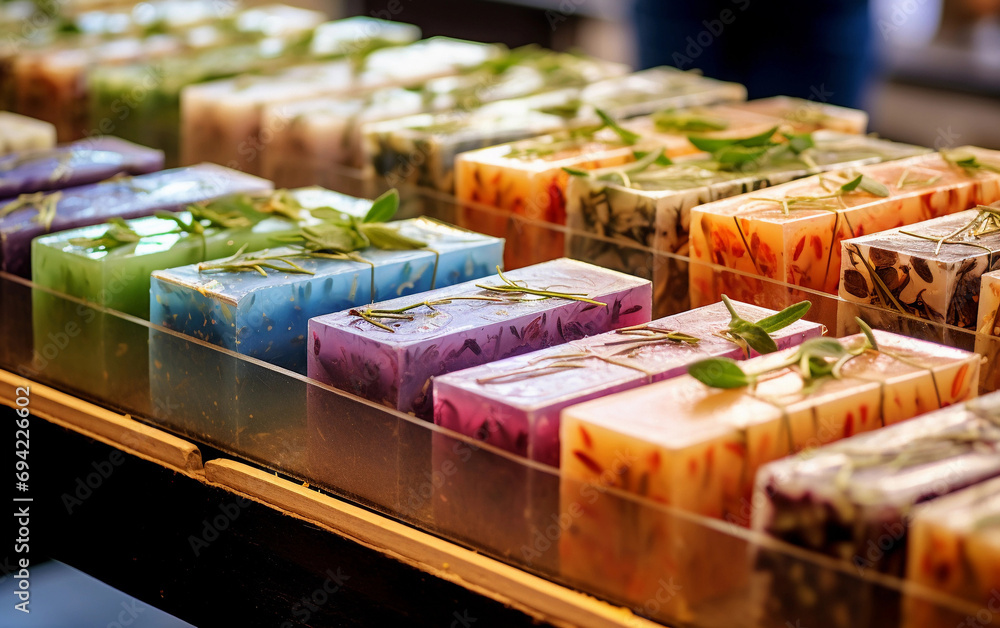 Handmade vegan soap bars on display in a store, top view. Organic herbal soap close-up