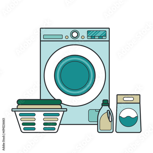 Washing machine, laundry powder and air conditioner, basket. Colored flat illustration